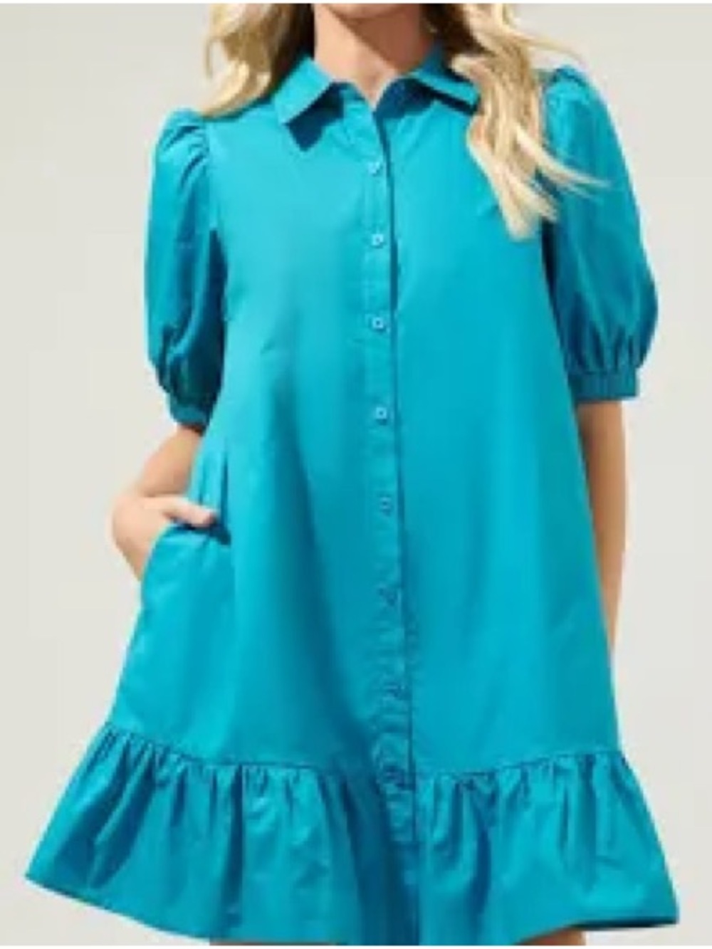 Sugarlips Teal Puff-Sleeve Button-Front Dress